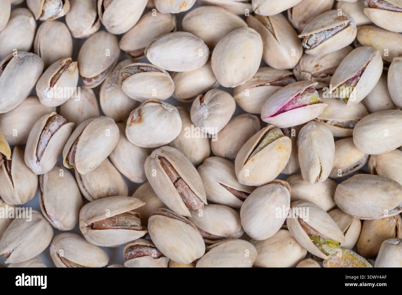 Pistazien-Haufen, die auf biologische Versorgung hinweisen, helle Schalen mit gelegentlichen grünen Kernen und unverarbeitete suchen nach landwirtschaftlichen und nachhaltigen Lebensmitteln Stockfoto