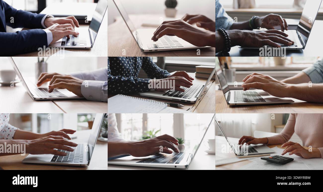 Hände junger Geschäftsleute, die auf Laptoptastaturen tippen, Seitenansicht Stockfoto