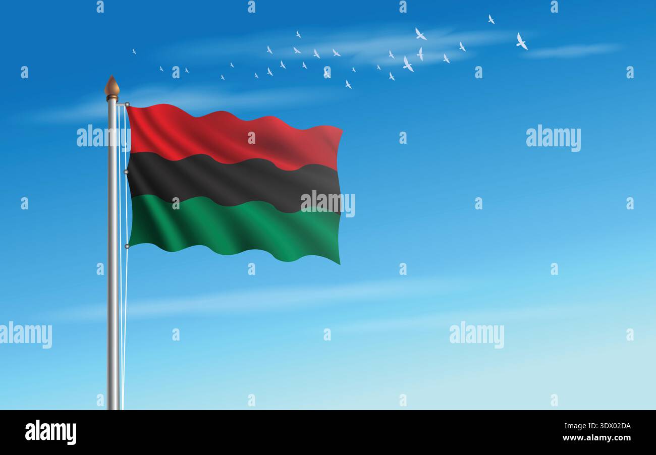Afroamerikanische Flagge, die am Himmel vor dem Hintergrund einer Vogelschar fliegt. Stock Vektor