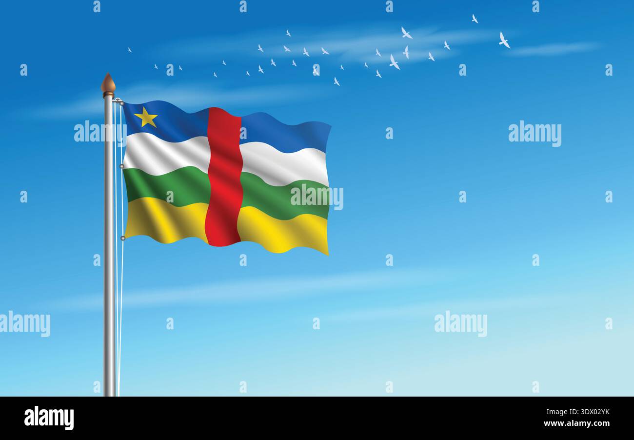 Flagge der Zentralafrikanischen Republik, die am Himmel vor dem Hintergrund einer Vogelschar fliegt. Stock Vektor