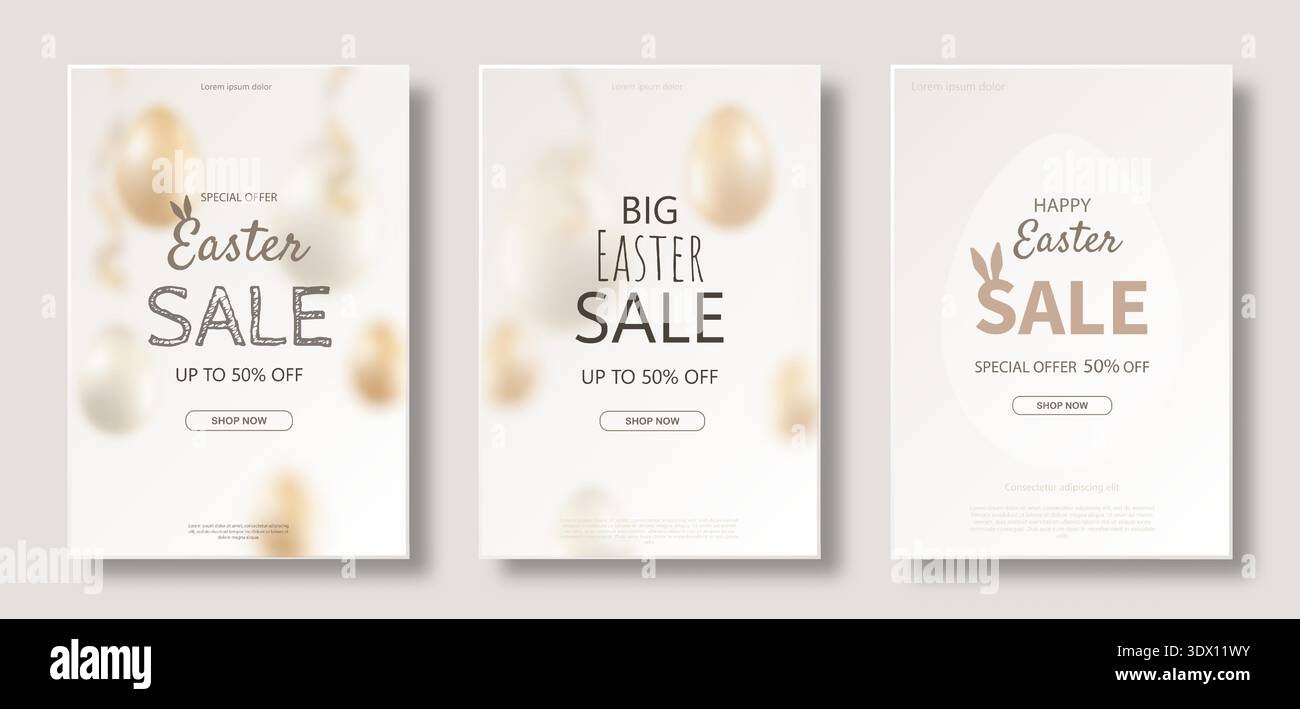 Ein Satz Osterplakate. Happy easter Sale Banner mit verschwommenen Ostereiern. Stock Vektor