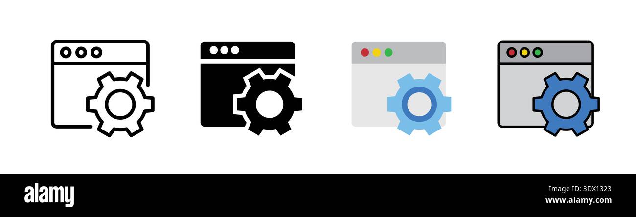 Symbolgruppe für Browsereinstellungen, umrissene, bearbeitbare Kontur, flache Glyphe und farbige Symbole. Icon Design im Zusammenhang mit Internet und Website. Stockfoto