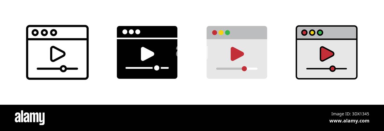 Browser-Streaming-Symbolgruppe, umrissene bearbeitbare Kontur, flache Glyphe und farbige Symbole. Icon Design im Zusammenhang mit Internet und Website. Stockfoto