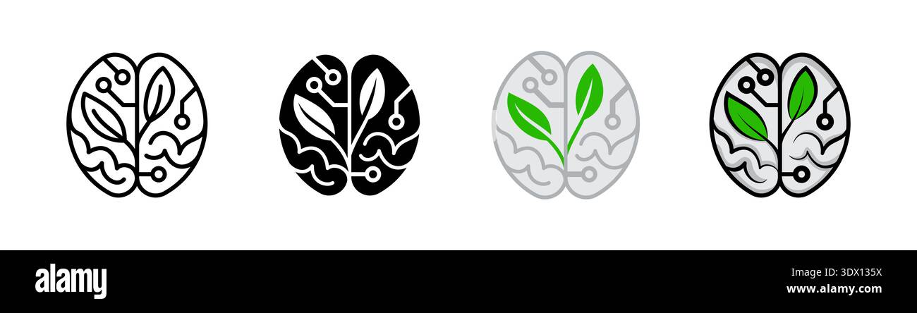 Nachhaltiges KI-Symbolset für umweltfreundliche künstliche Intelligenz, neuronales Gehirn mit einem Blattsymbol. Dieses Symbol ist geeignet für Technik, Stockfoto