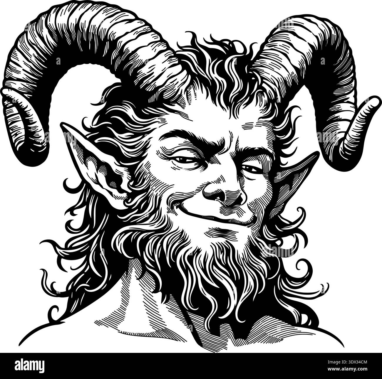 Lächelndes Gesicht des gehörnten Gottes Pan oder eines Satyrn. Schwarz-weiße mythologische Charaktervektor-Illustration. Stock Vektor