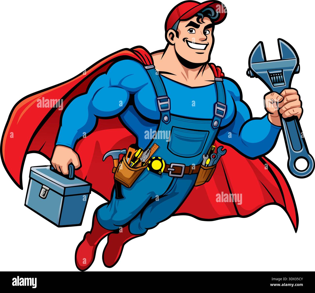 Lustige Vektor-Illustration eines muskulösen Superhelden-Handwerkers, der mit einem roten umhang fliegt, einen Werkzeugkasten und einen riesigen Schraubenschlüssel trägt, isoliert auf weißem Ba Stock Vektor