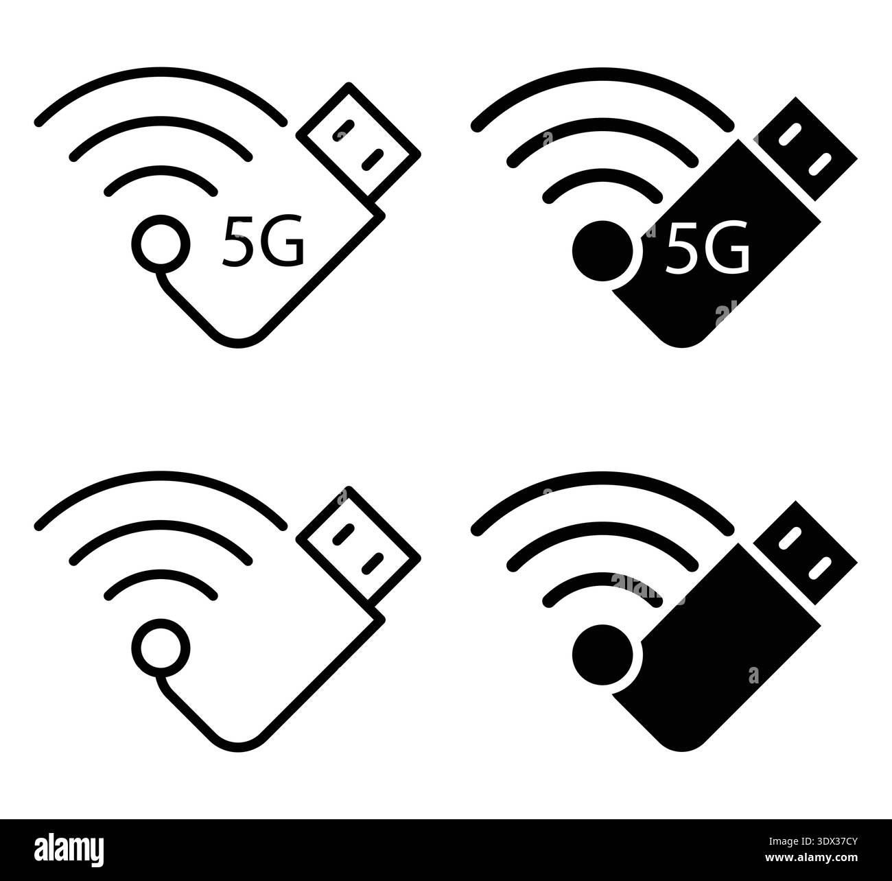 Satz von vier Symbolen für die drahtlose 5G-Technologie, die USB-Modems mit Signalwellen darstellen. Ideal für die Darstellung moderner Konnektivität und Telekommunikations-sol Stock Vektor