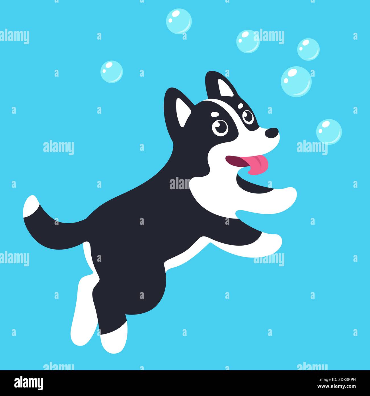 Lustiger Zeichentrickhund, der nach Seifenblasen springt. Niedliche einfache schwarz-weiße Hundevektorillustration. Stock Vektor