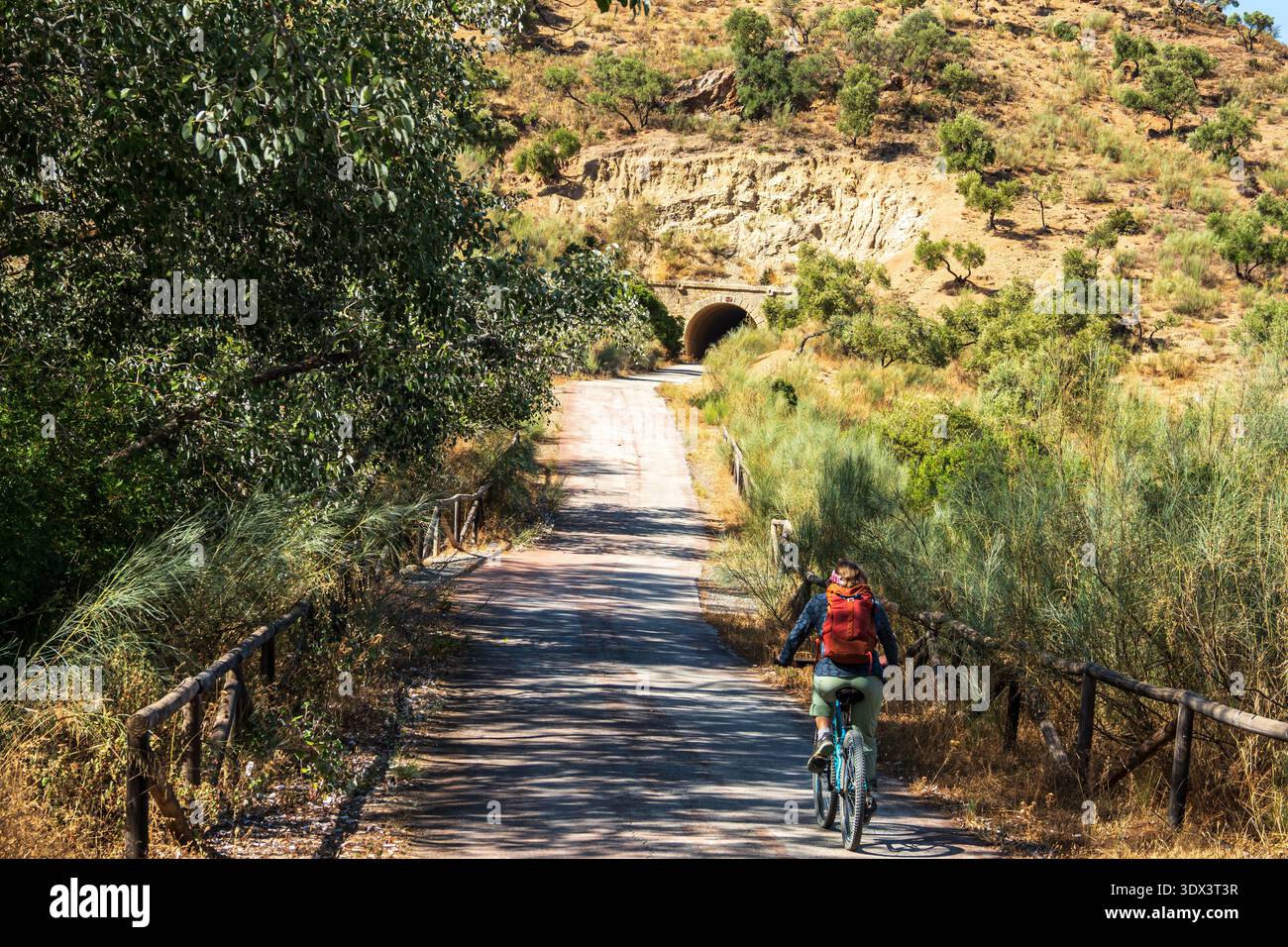 Frau auf dem Fahrrad, Radweg über Verde de la Sierra, Weg führt durch einen Tunnel, Puerto Serrano nach Olvera, in der Nähe des Dorfes Olvera, Andalusien, Sp Stockfoto