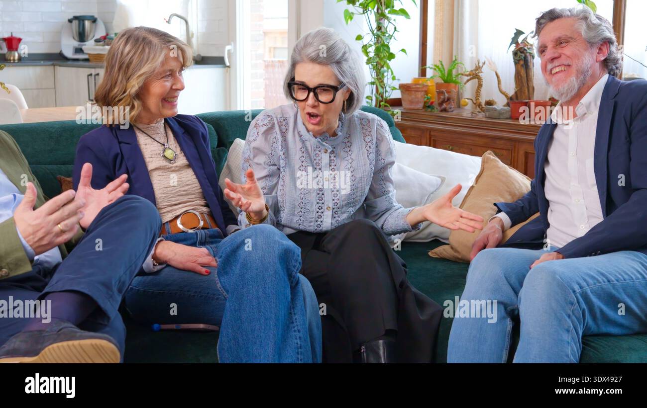 Seniorenfreunde, die sich auf dem Sofa entspannen und gemeinsam Gespräche genießen Stockfoto