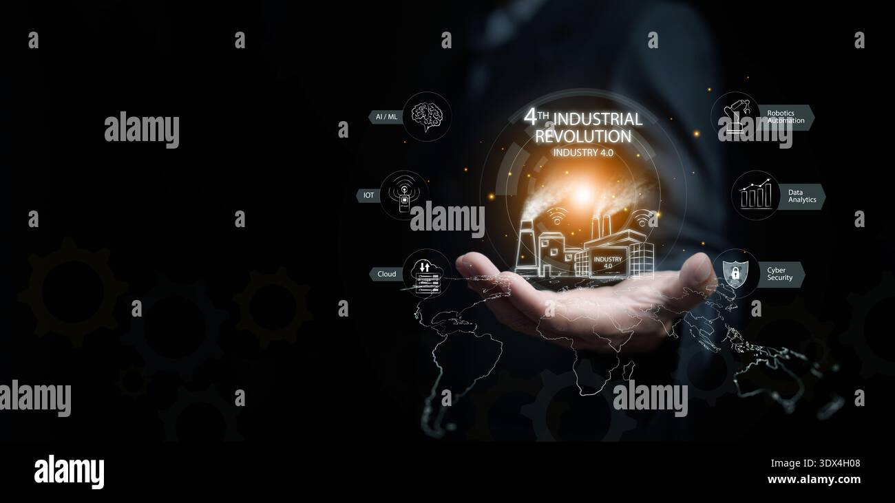 Viertes Konzept der industriellen Revolution. Hand in Richtung einer digitalen Welt mit einem Symbol für KI, IoT, Robotik-Automatisierung, Cloud, Cybersicherheit, Datenanalie Stockfoto
