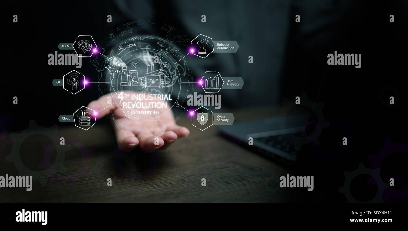Viertes Konzept der industriellen Revolution. Ein Mann, der eine digitale Welt mit einem Symbol für KI, IoT, Robotik-Automatisierung, Cloud-Technologie, Cybersicherheit, Datenanalyse Stockfoto
