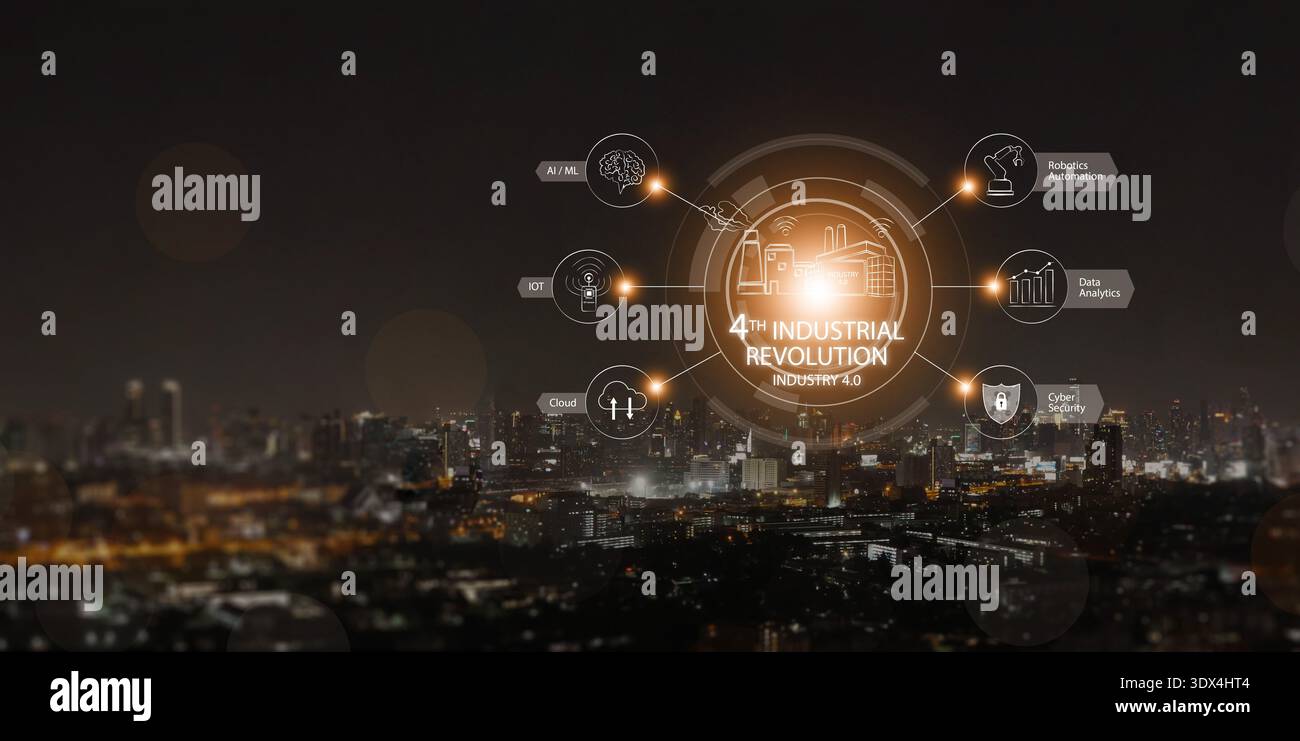 Viertes Konzept der industriellen Revolution. Stadt bei Nacht mit Symbol für KI, IoT, Robotik-Automatisierung, Cloud-Technologie, Cybersicherheit, Datenanalysen auf digitalem Gebiet Stockfoto