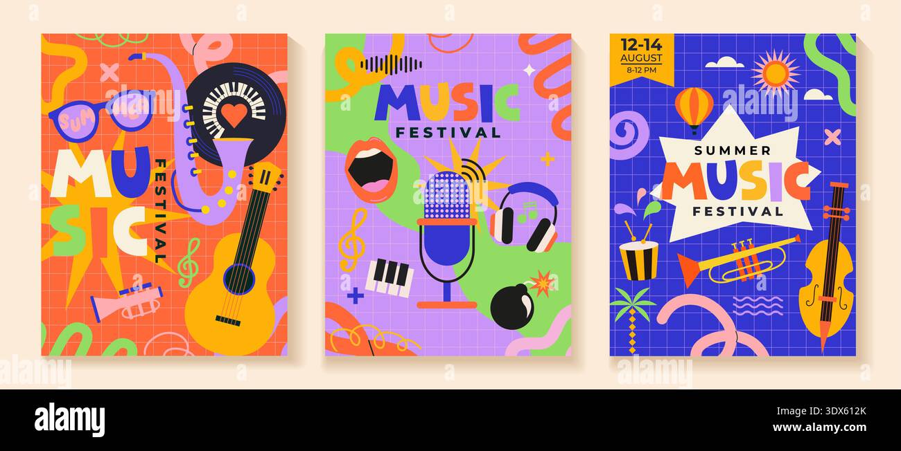 Set von Sommer-Musikfestival-Flyern auf lustigen kindlichen Hintergrund. Musical fest Party, Konzept von Live-Musik Festival, Jazz und Rock Event. Poster mit Musikinstrument und Schallplatte. Vektor Stock Vektor