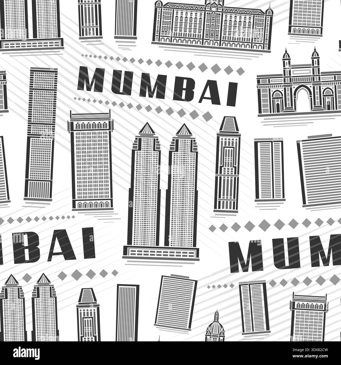 Vektor Mumbai nahtloses Muster, quadratischer Hintergrund mit Umrissillustration der modernen mumbai Stadtlandschaft auf weißem Hintergrund für Bettwäsche oder Stoff, MON Stock Vektor