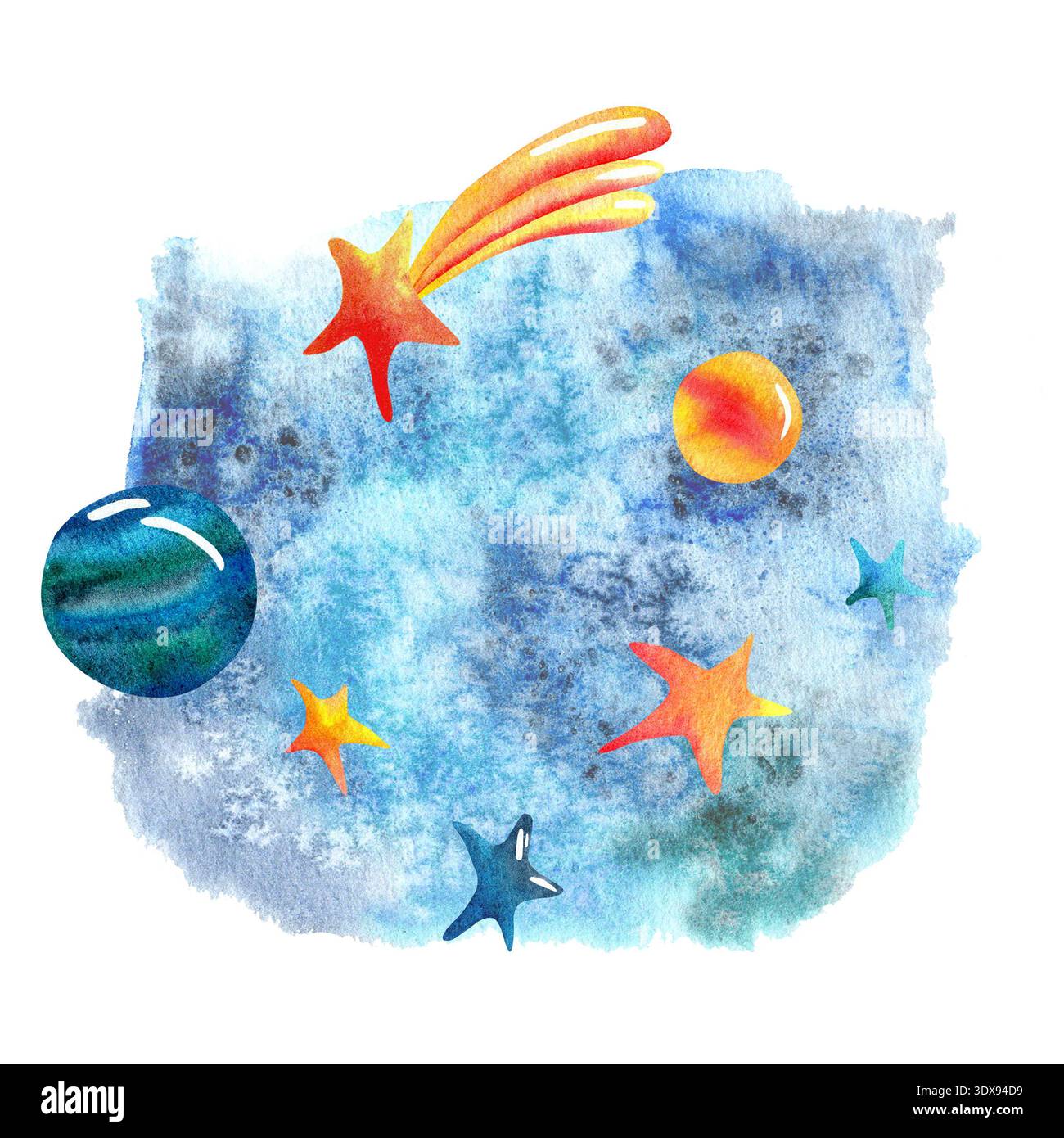 Aquarellillustration einer lebendigen kosmischen Szene mit Planeten, Sternen und einem Kometen vor einem strukturierten blauen Hintergrund. Stockfoto