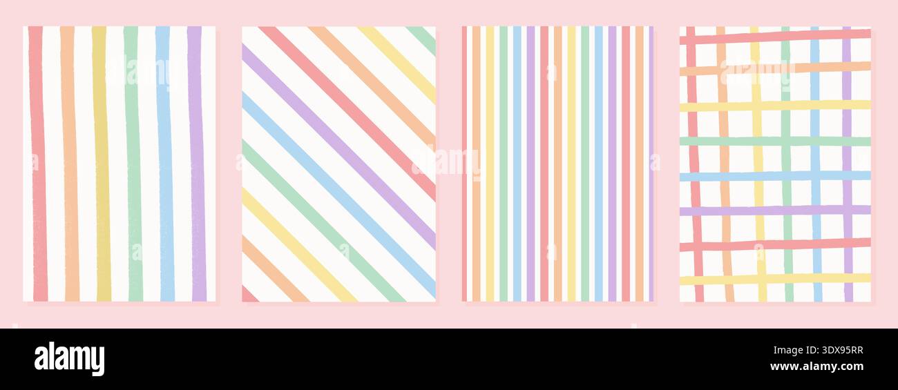 Retro-Set mit Regenbogenmuster in Pastellfarben. Sanft gedämpfte vertikale, diagonale, karierte Hintergründe. Flippige, strukturierte LGBTQ-Stolz-Tapete Stock Vektor