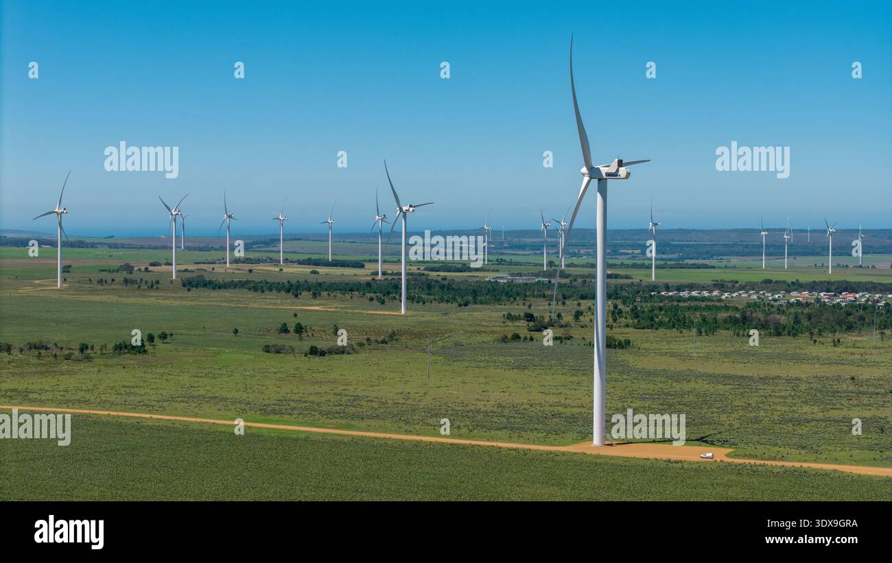 Aus der Vogelperspektive sehen Windturbinen, die hoch am Horizont stehen, und die Rotorblätter schneiden durch die frische Luft über der riesigen grünen Landschaft, Gqeberha, Osten Stockfoto