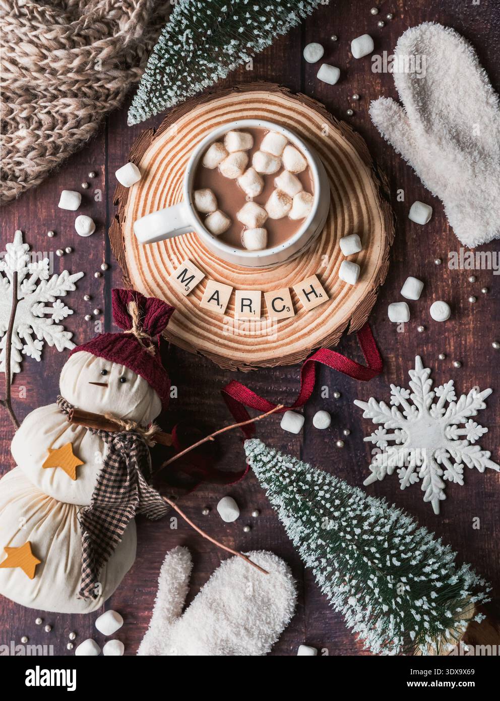 Overhead-Ansicht von Winterartikeln und Buchstabensteinen mit der Schreibweise März. Stockfoto