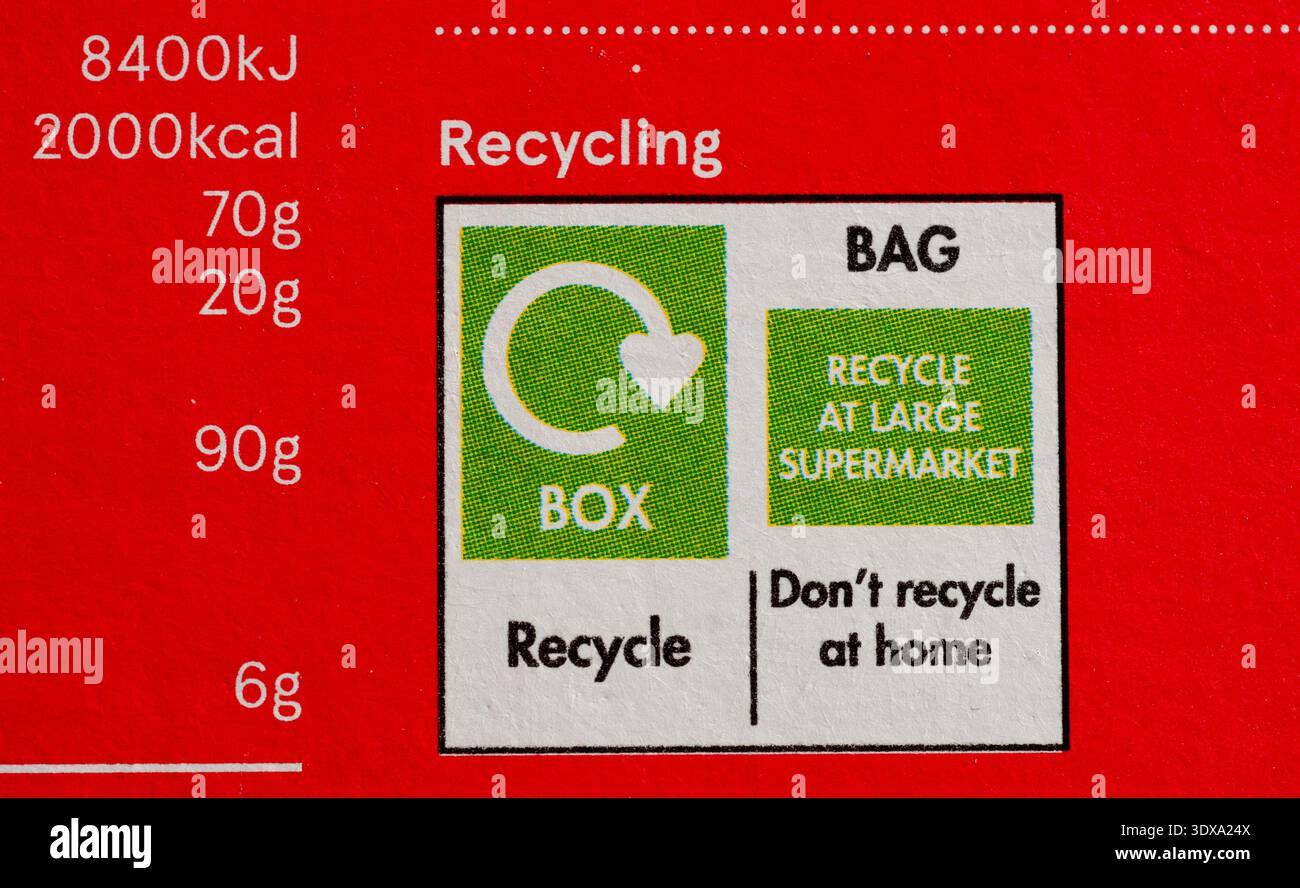 Recycling-Informationen auf Frühstückszerealien, UK Stockfoto