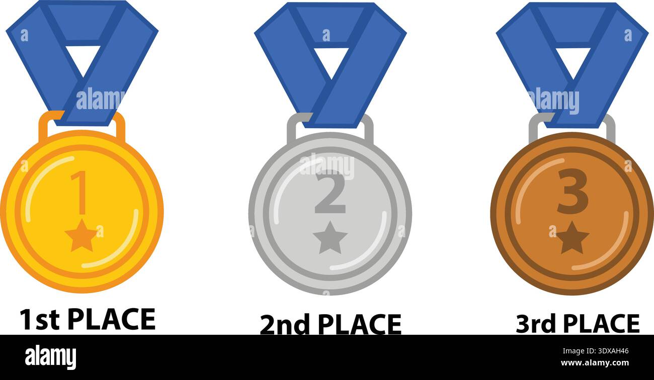 Set mit drei Medaillen, die an blauen Bändern hängen. Markiert für den 1., 2. Und 3. Platz mit Sternsymbolen. Saubere flache Konstruktion, die Erfolg und Leistung repräsentiert Stock Vektor