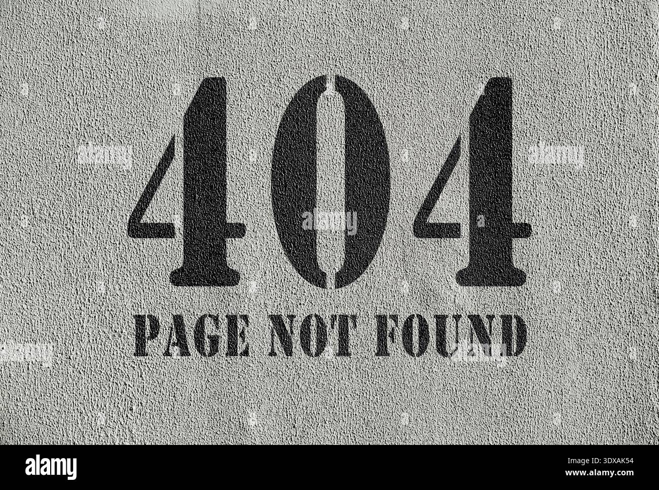 404 SEITE NICHT GEFUNDEN Nachricht auf einer Betonwand, die Fehler auf der Website und fehlerhafte Links symbolisiert Stockfoto