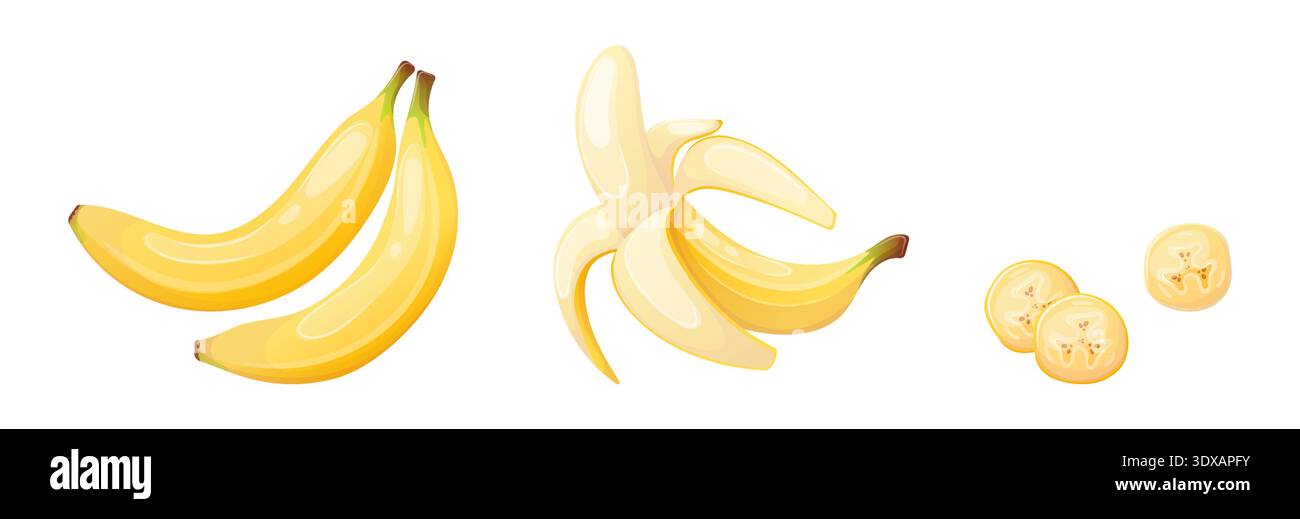 Eine Reihe von Vektorbildern einer ganzen, geschälten Banane und ihrer Scheiben Stock Vektor