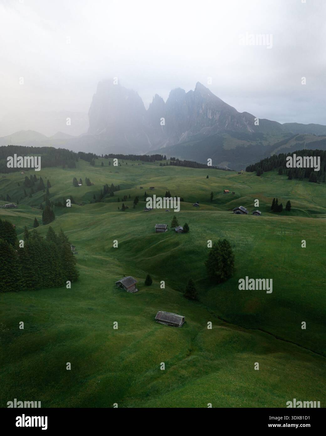 Aus der Vogelperspektive auf sanfte grüne Wiesen treffen die zerklüfteten Gipfel der Dolomiten unter weichem, diffusem Licht auf die Seiser Alm, Trentino-Südtirol, Italien. Stockfoto