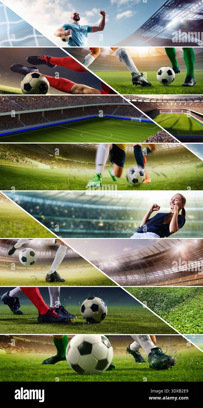 Komposition der Fußballmeisterschaft mit Action-Momenten im Stadion in diagonaler Anordnung Stockfoto