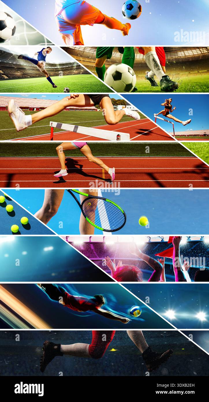 Dynamische Sportcollage mit diagonalen Actionszenen im Stadionlayout. Stockfoto