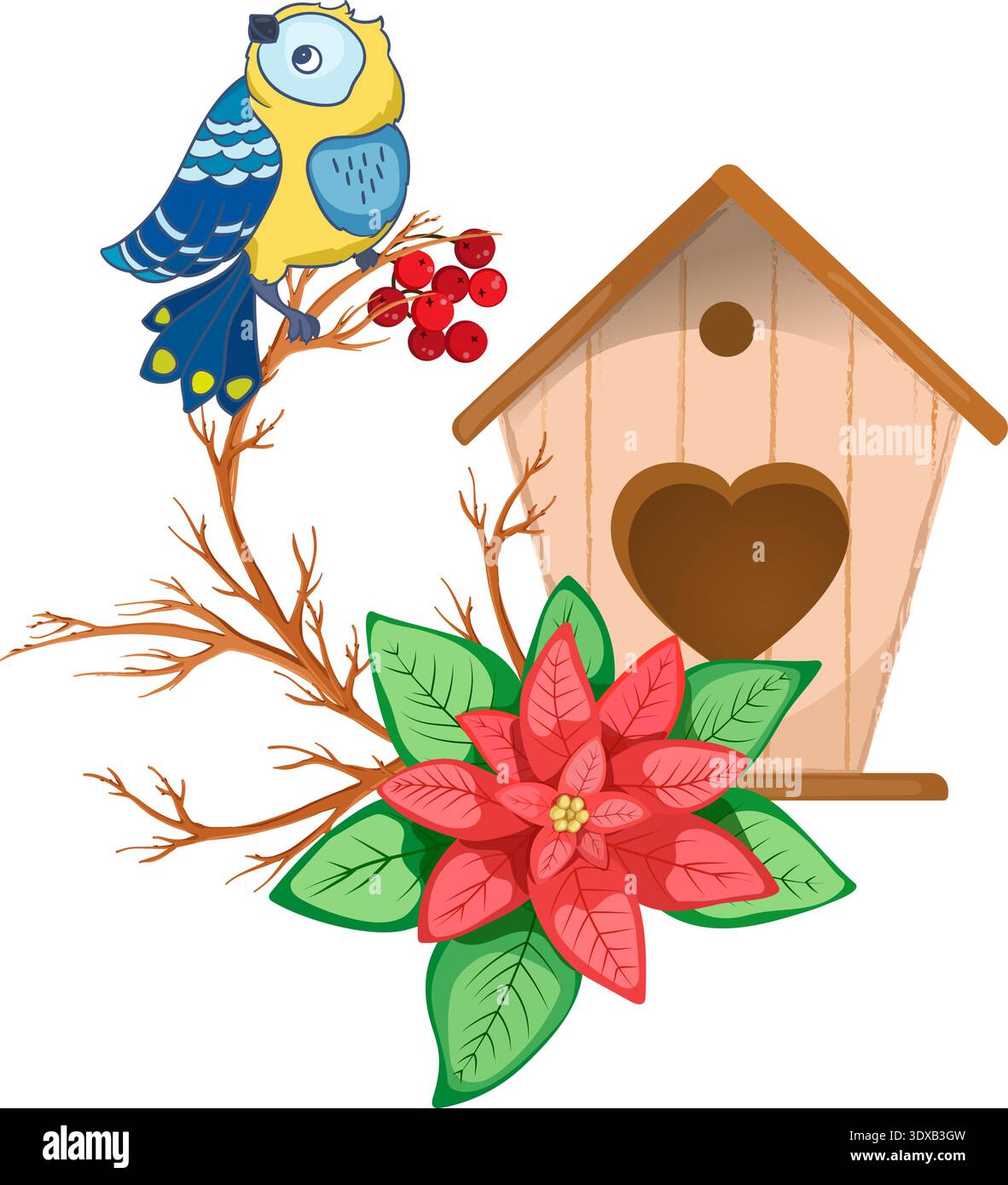 Weihnachtskomposition mit Titmaus, Vogelhaus und Weihnachtsstern Stock Vektor