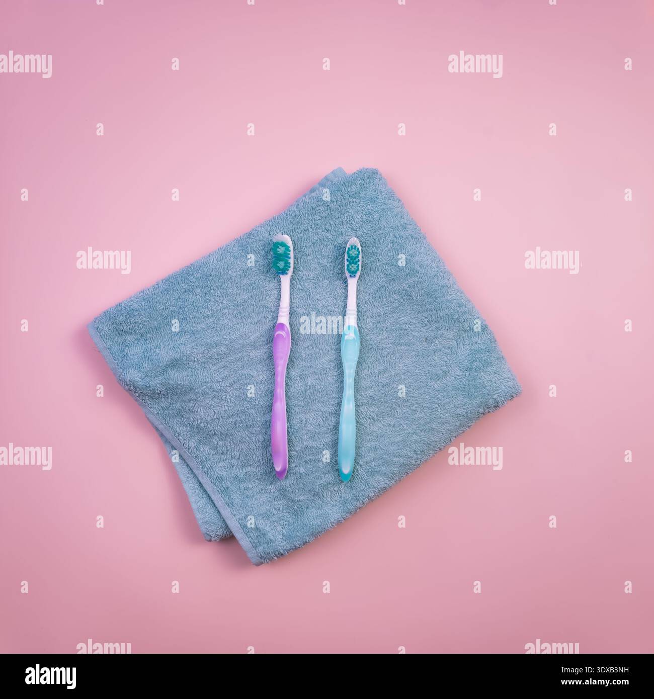 Zwei Zahnbürsten auf einem grauen Handtuch vor rosa Hintergrund. Eine Zahnbürste hat einen blauen Kopf und die andere einen rosafarbenen Kopf. Einfaches und sauberes Badezimmer Stockfoto
