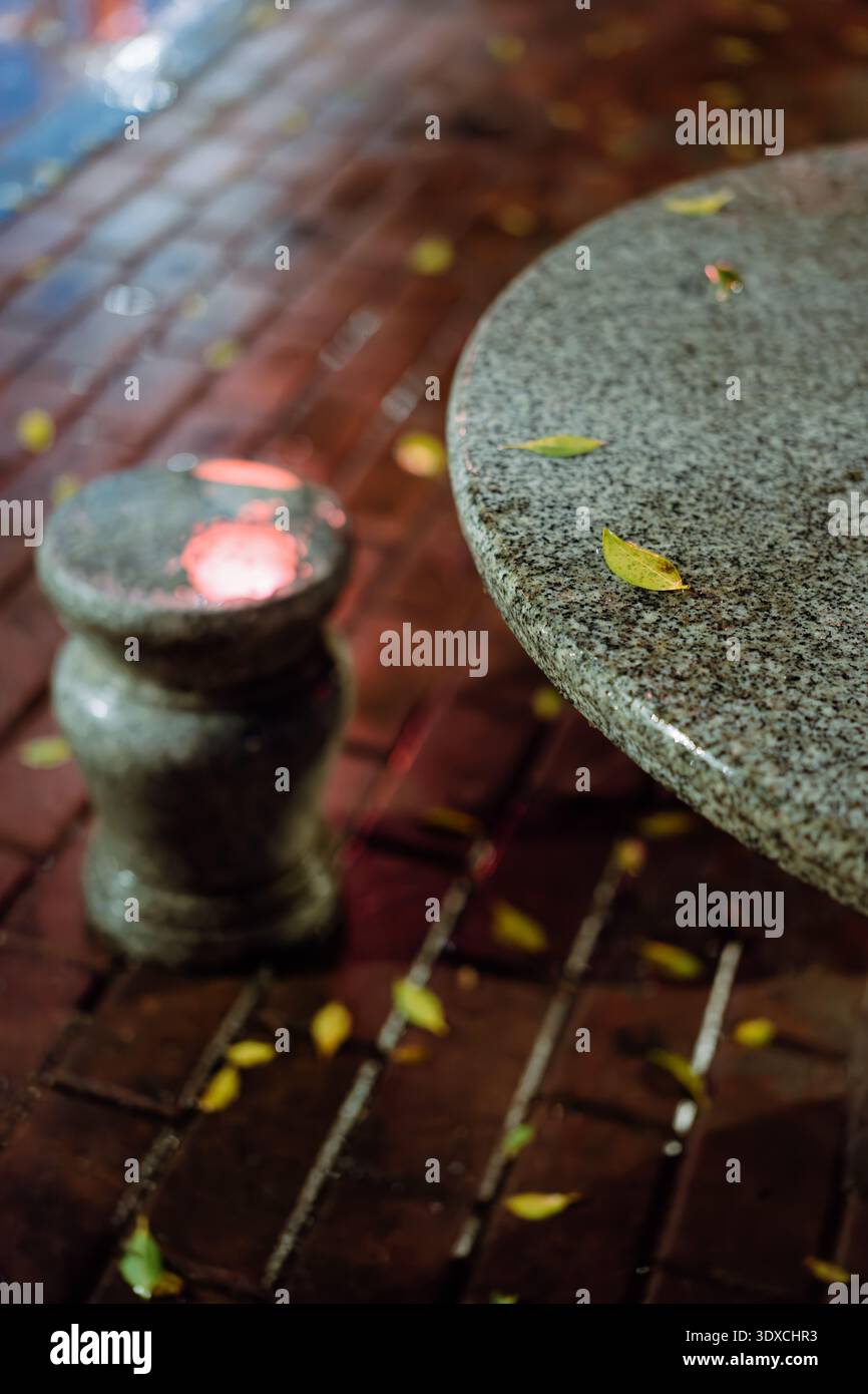 Nasser Steintisch und Hocker auf gemauertem Pflaster mit gefallenen Blättern in Shanghai, China Stockfoto