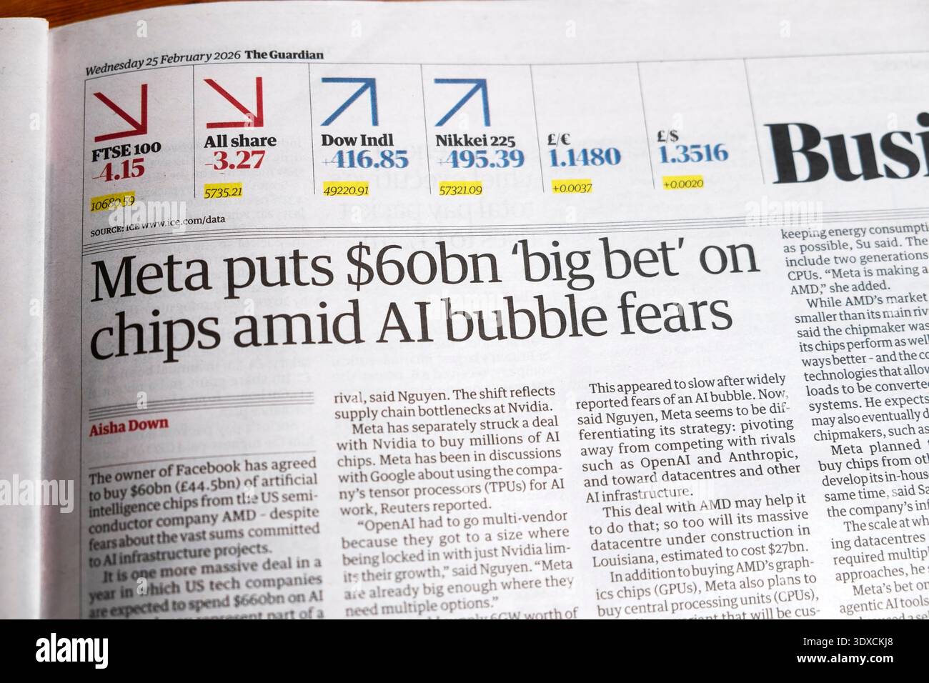 „Meta setzt 60 Milliarden US-Dollar „Big Wette“ auf Chips inmitten von AI-Bubble-Ängsten“ Guardian-Zeitung titelt artikel aus dem Bereich künstliche Intelligenz 25. Februar 2026 Großbritannien Stockfoto