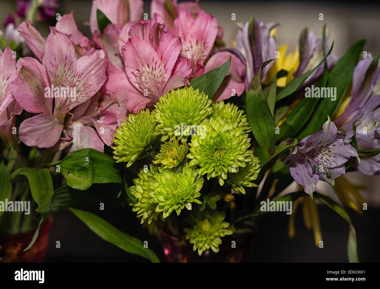 Ein Blumenarrangement mit grünen Chrysanthemen Stockfoto