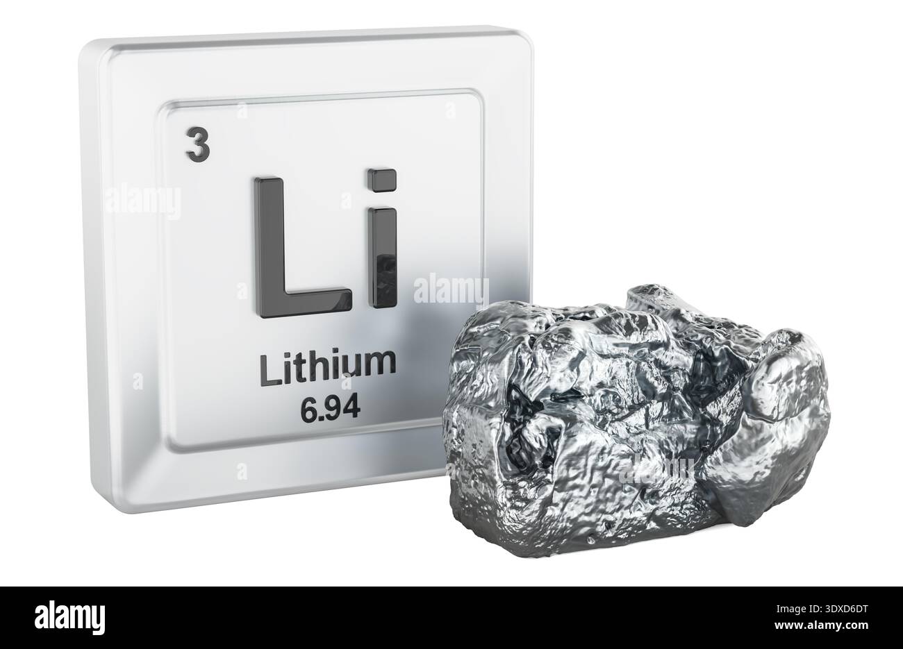 Lithium-Element-Fliese Li mit Metallblock, 3D-Rendering isoliert auf weißem Hintergrund Stockfoto