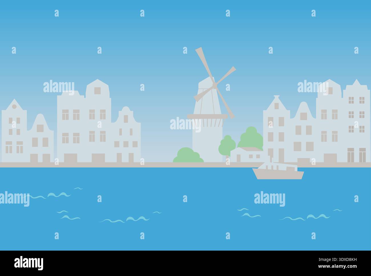 Minimalistischer Stadtlandschaftshintergrund. Fluss in einer großen europäischen Stadt mit Architektur an der Skyline. Stock Vektor
