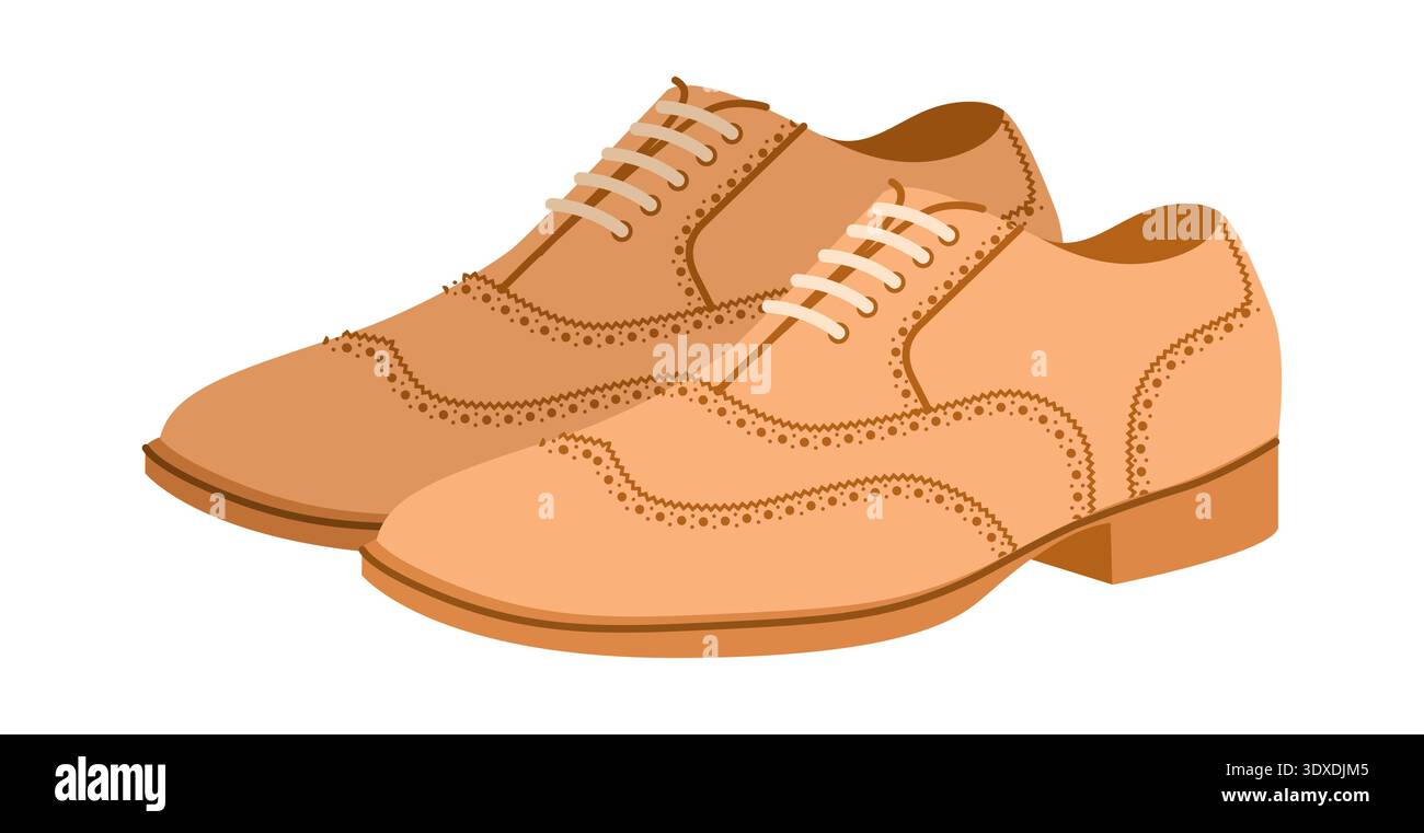 Beigefarbene Lochstickerei für Herren. Schuhe aus perforiertem Leder mit klassischem Flügelspitzendetail, eleganter, legerer Bürostil. Technische Illustration CAD-Modell Vektorkontur isoliert auf weißem Hintergrund. Stock Vektor