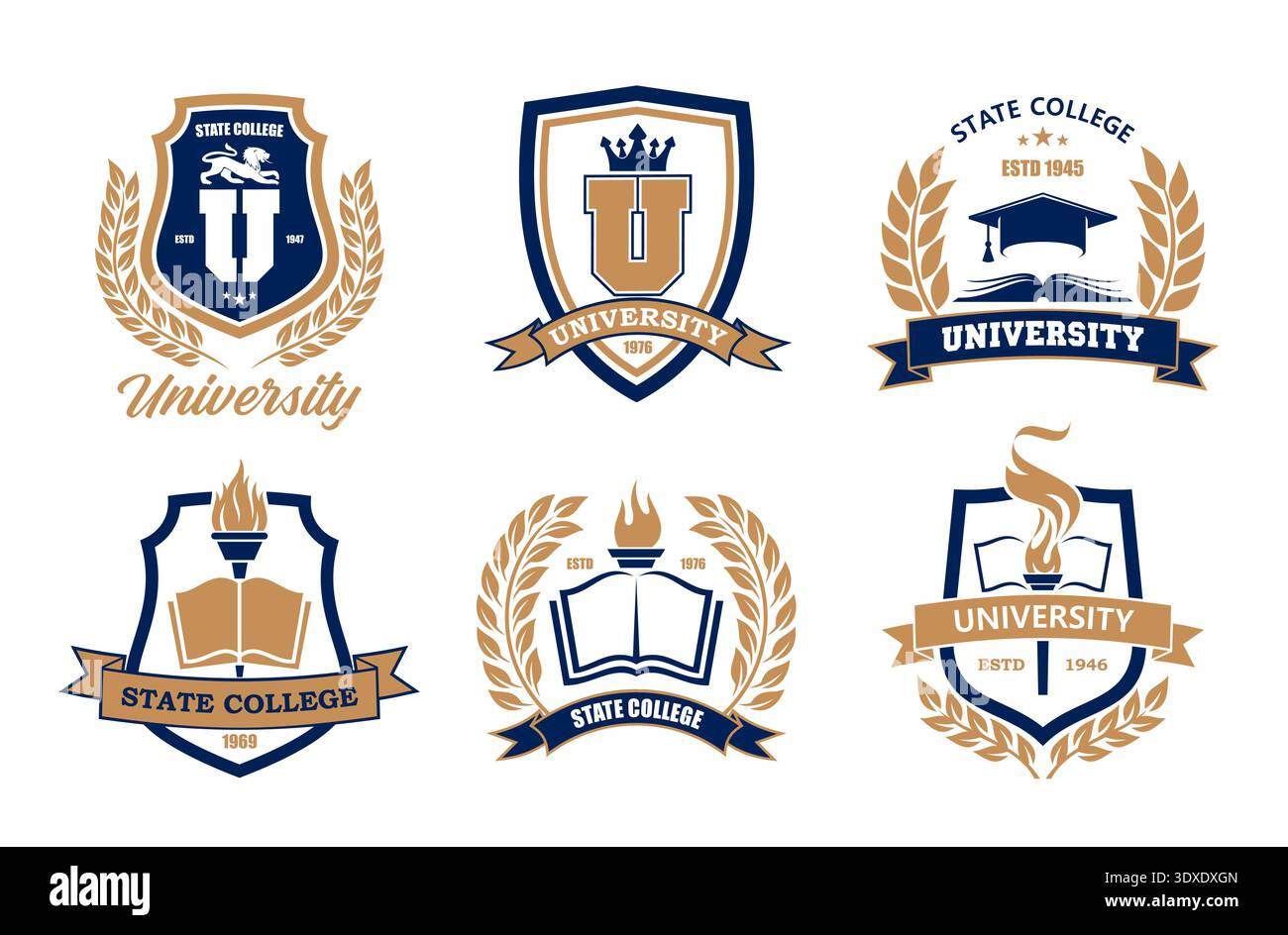 Uni Akademie und Schule College Icons Vektor Set. Pädagogische akademische Embleme mit klassischen Schilden, Büchern, Lorbeeren, Fackeln und Graduiertenkappen in Blau und Gold für institutionelle Markenzeichen Stock Vektor