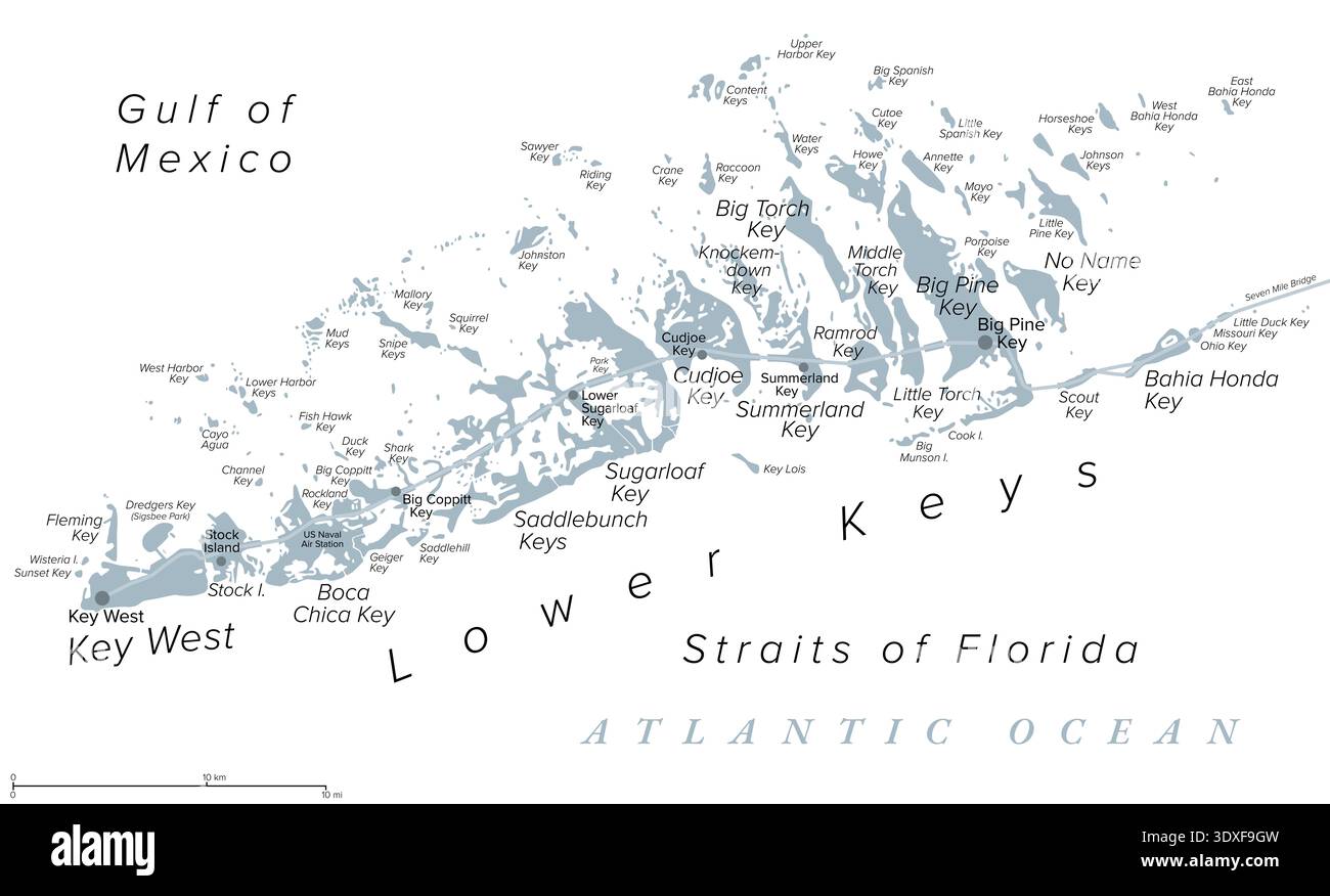 Key West und Lower Keys, Florida, USA, graue politische Karte. Südwestlicher Teil der Florida Keys vor der Südküste Floridas. Stockfoto