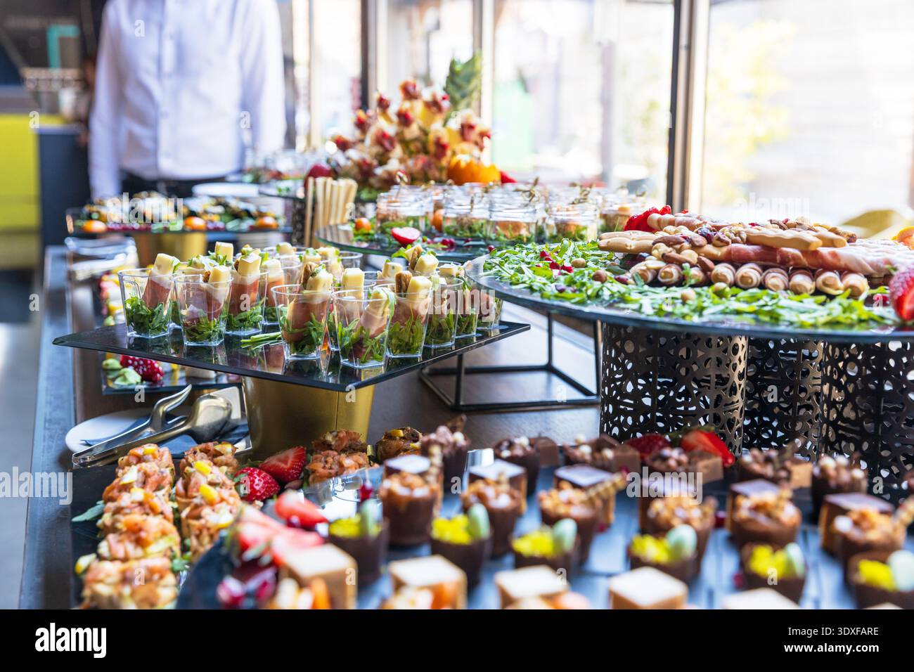 Elegantes, luxuriöses Catering-Buffet mit Gourmet-Canapés, Fingerfood und Wurstwaren, perfekt für Firmenveranstaltungen, Hochzeiten, Feiern und andere Veranstaltungen Stockfoto