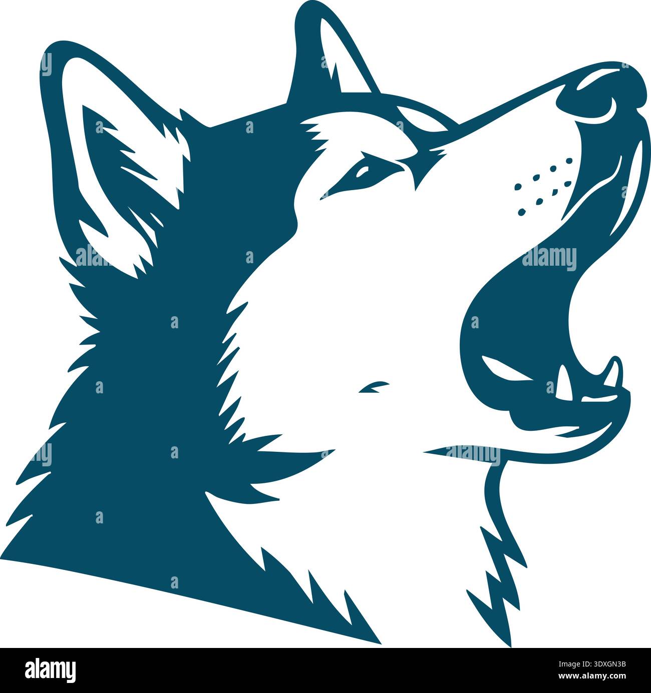 Stilisierte Illustration eines Wolfskopfes, der mit offenem Mund heult, in kräftigen Blautönen Stock Vektor