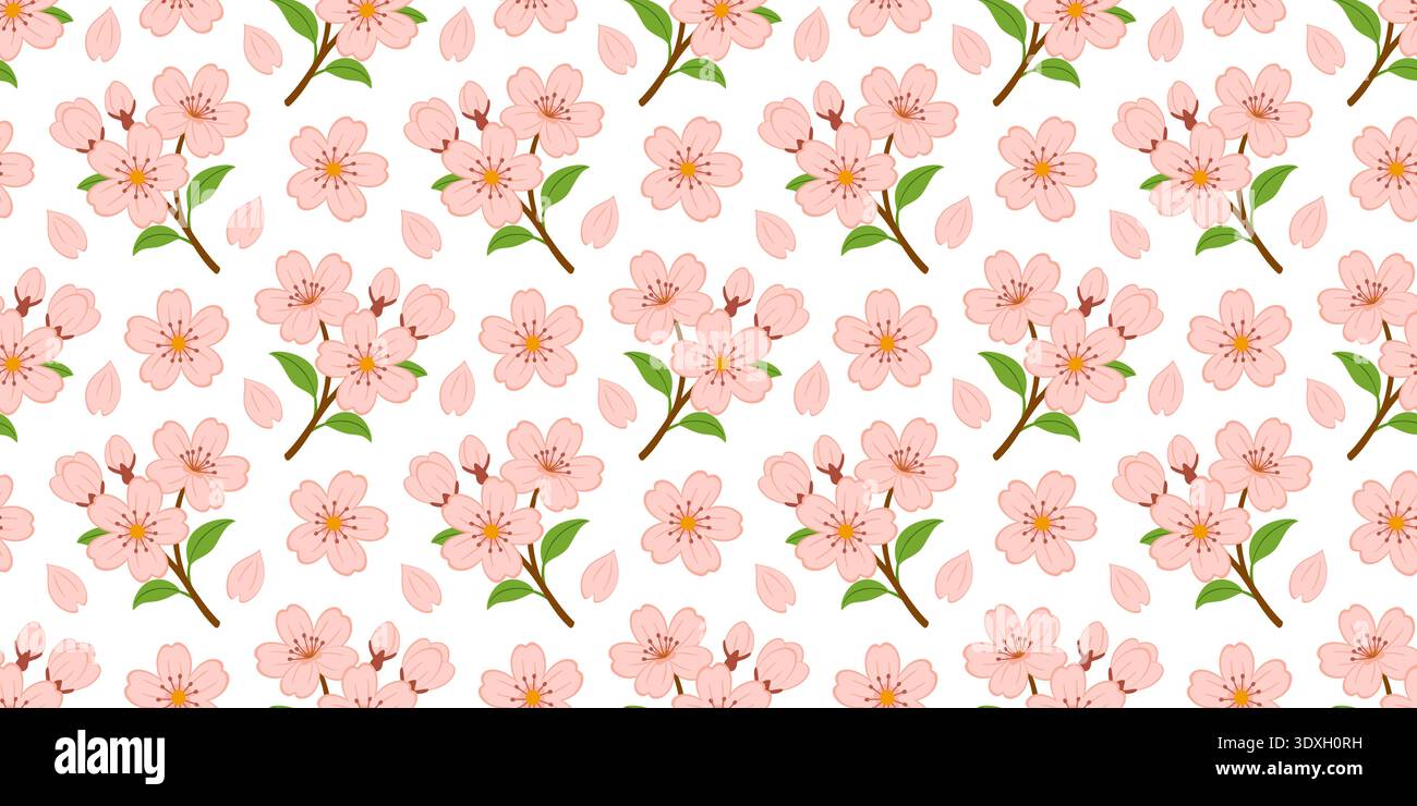 Nahtloses Muster aus rosafarbenen Kirschblütenzweigen und Blütenblättern im flachen Vektor-Stil. Sakura-Blumenmuster. Ideal für Frühlingstextilien, romantische Tapeten und florale Scrapbooking. Vektorabbildung Stock Vektor