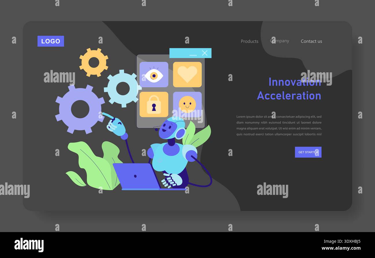 Vektorillustration eines Roboters, der mit einer Schnittstelle mit Zahnrädern und Symbolen interagiert und Innovation und technologische Beschleunigung in einem digitalen Kontext symbolisiert. Stock Vektor