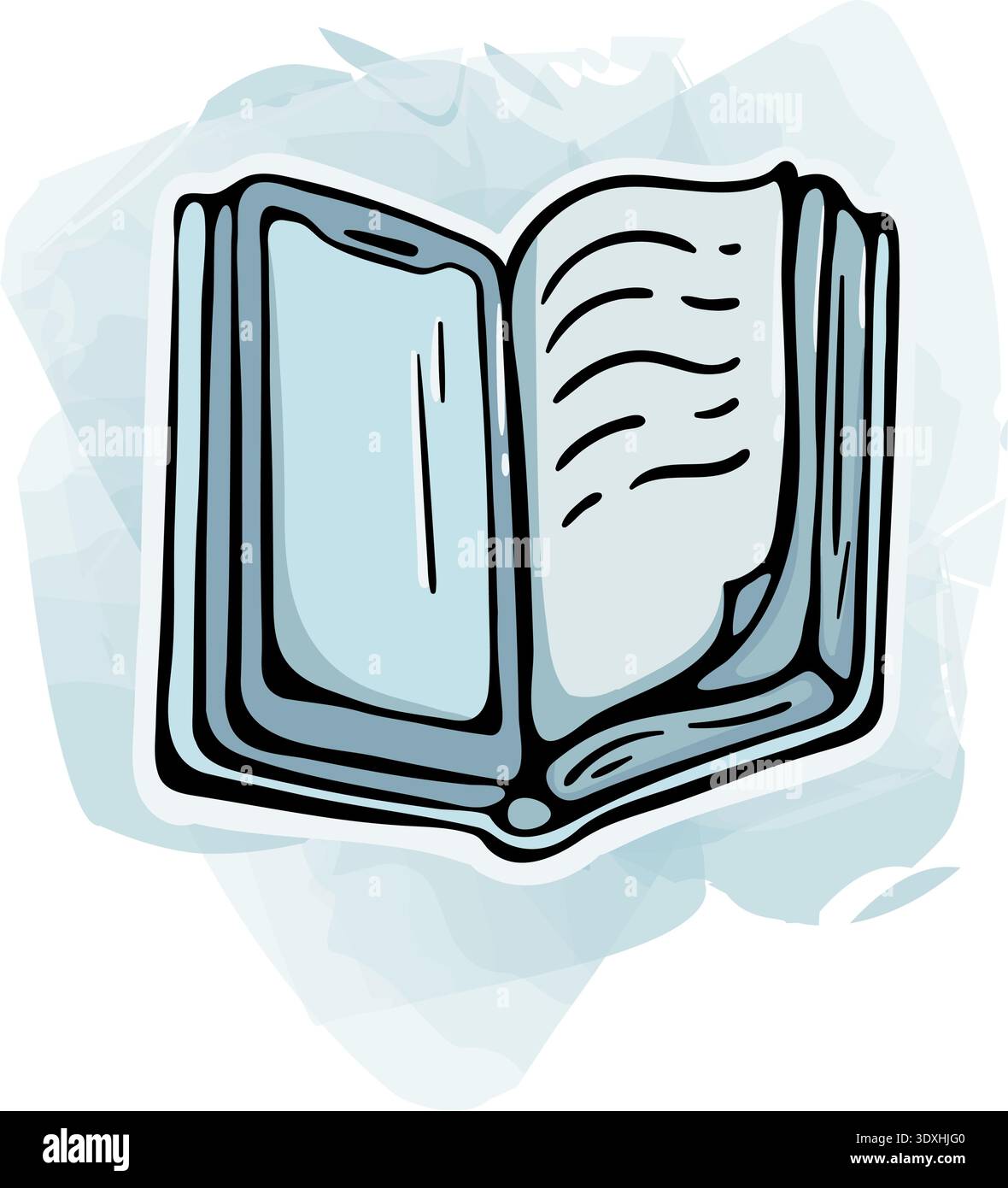 Digitales Lesen mit E-Book-Modus: Telefonsymbol als offenes Buch, handgezeichnetes Kritzelchen mit Aquarellfleck Stock Vektor