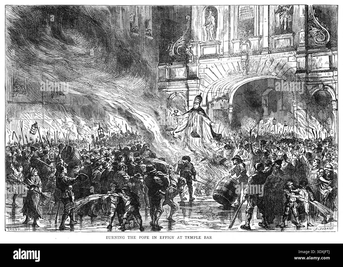 Die Verbrennung eines Papstbildes in Temple Bar, London. Stockfoto