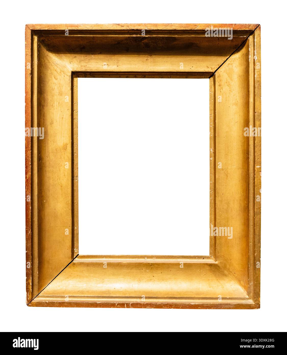 Vertikaler, sehr breiter, goldener Rahmen auf weißem Hintergrund Stockfoto