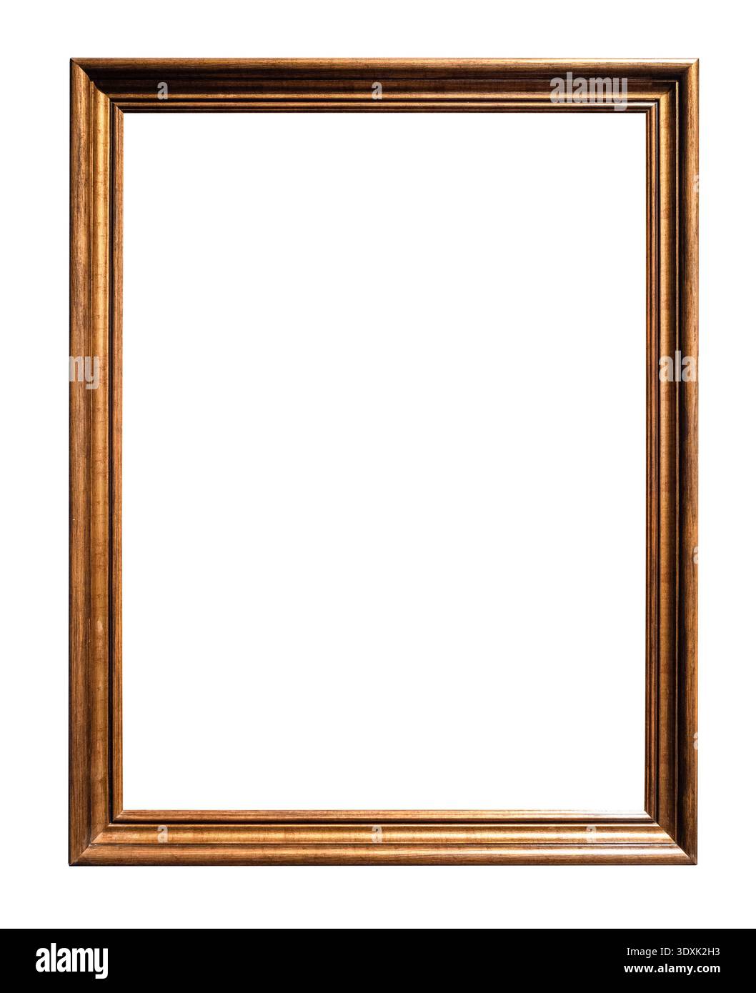 Vertikaler alter einfacher Holzmalrahmen Ausschnitt auf weißem Hintergrund Stockfoto