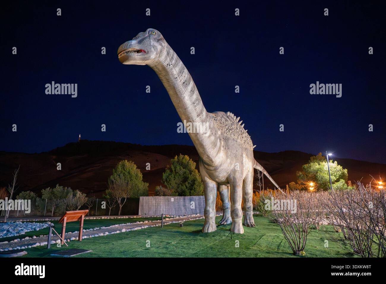 Großes Dinosauriermodell mit langem Hals, beleuchtet bei Nacht in den Außenausstellungen des Museo Paleontologico de Cuenca, Cuenca, Spanien. Stockfoto