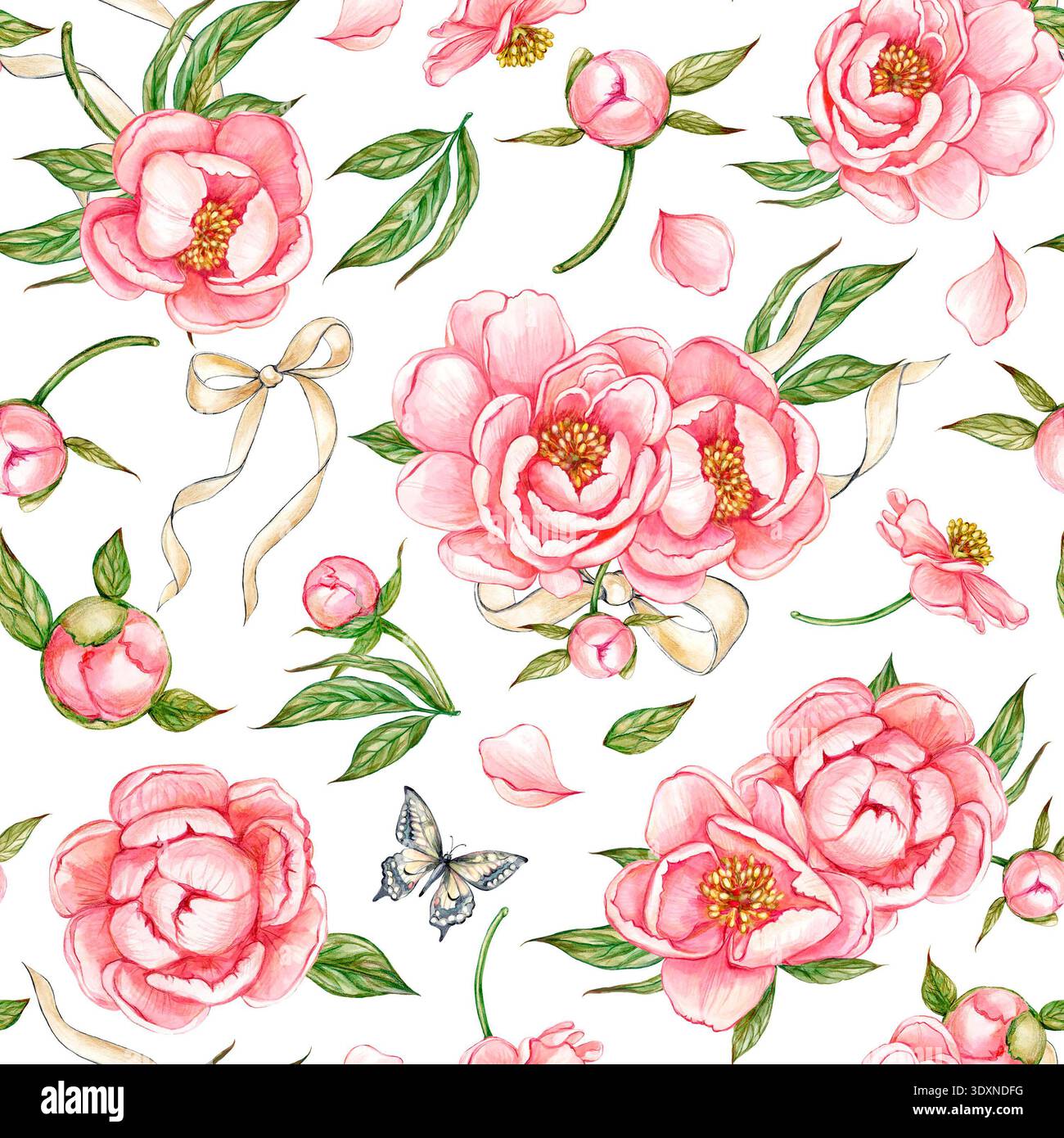 Nahtloses Muster mit rosa Pfingstrosenblüten und Knospen, Grün, Schmetterling und beiger Satinschleife. Eine handgezeichnete Abbildung Stockfoto